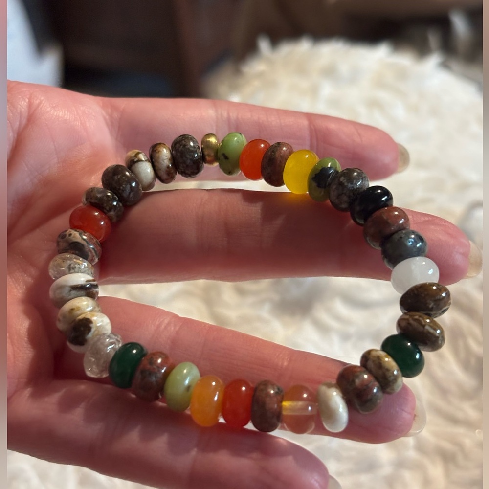 True Gemstone Stretch Bracelet - Earth Tones- Brass spacer bead Approx 7 inches